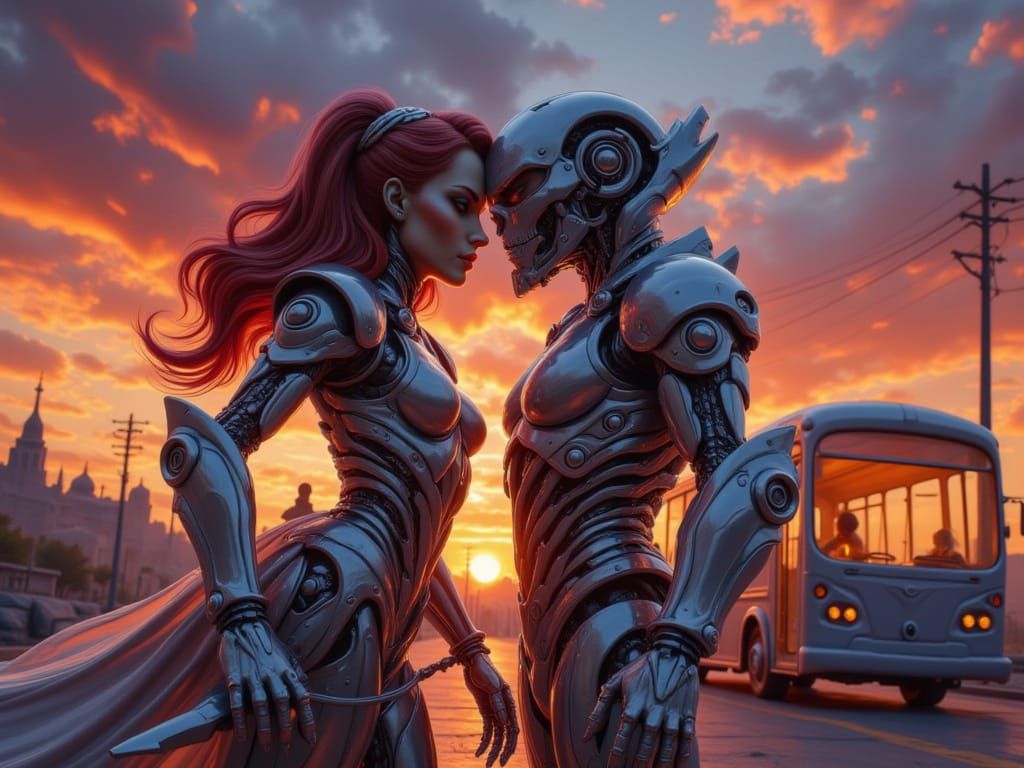 Claymation Cyberpunk Lovers Hugging at Sunset Bus Stop