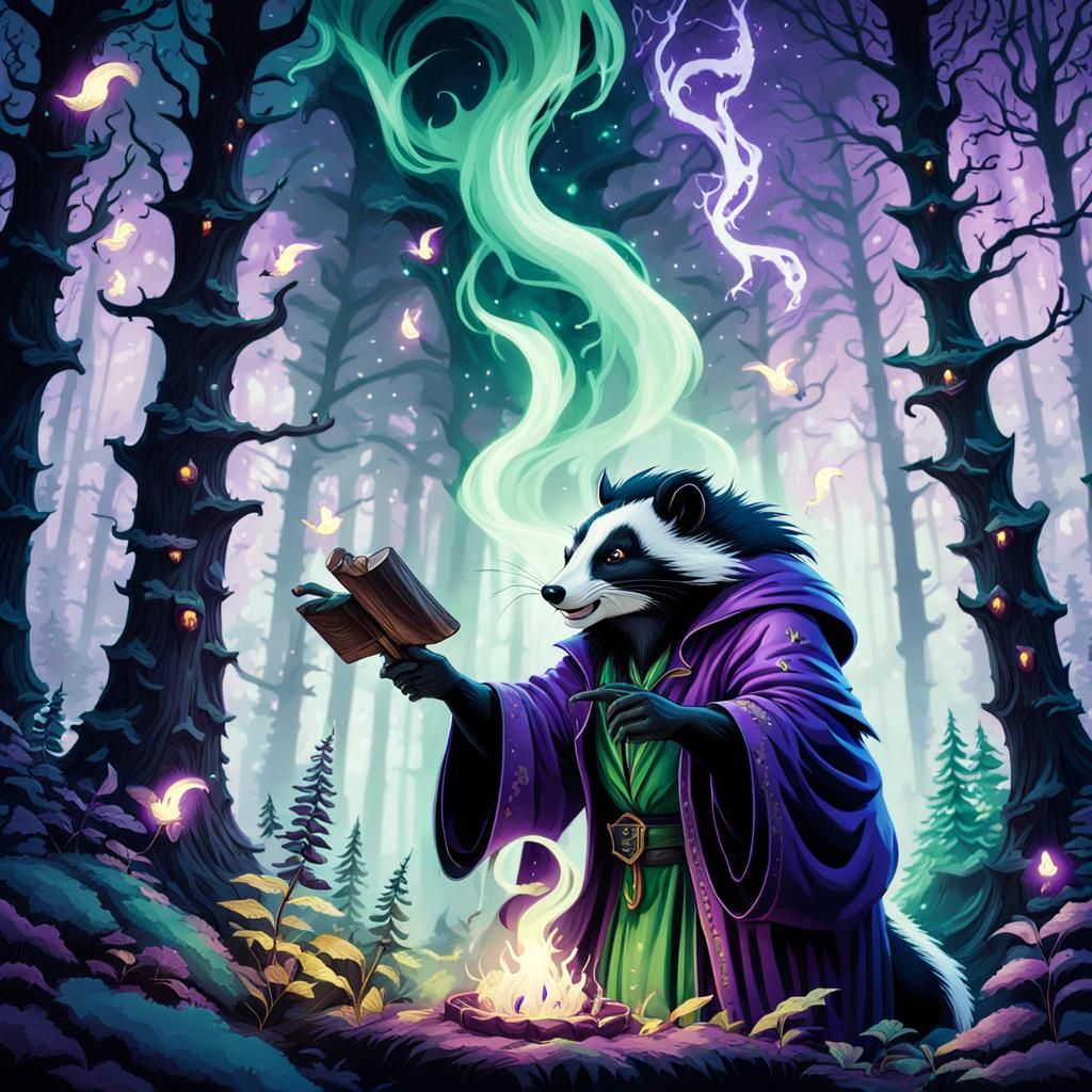 Skunk Sorcerer Casting Spell in Mystical Forest