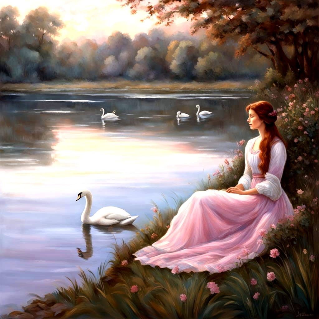 Regency Woman by Tranquil Lake at Dawn