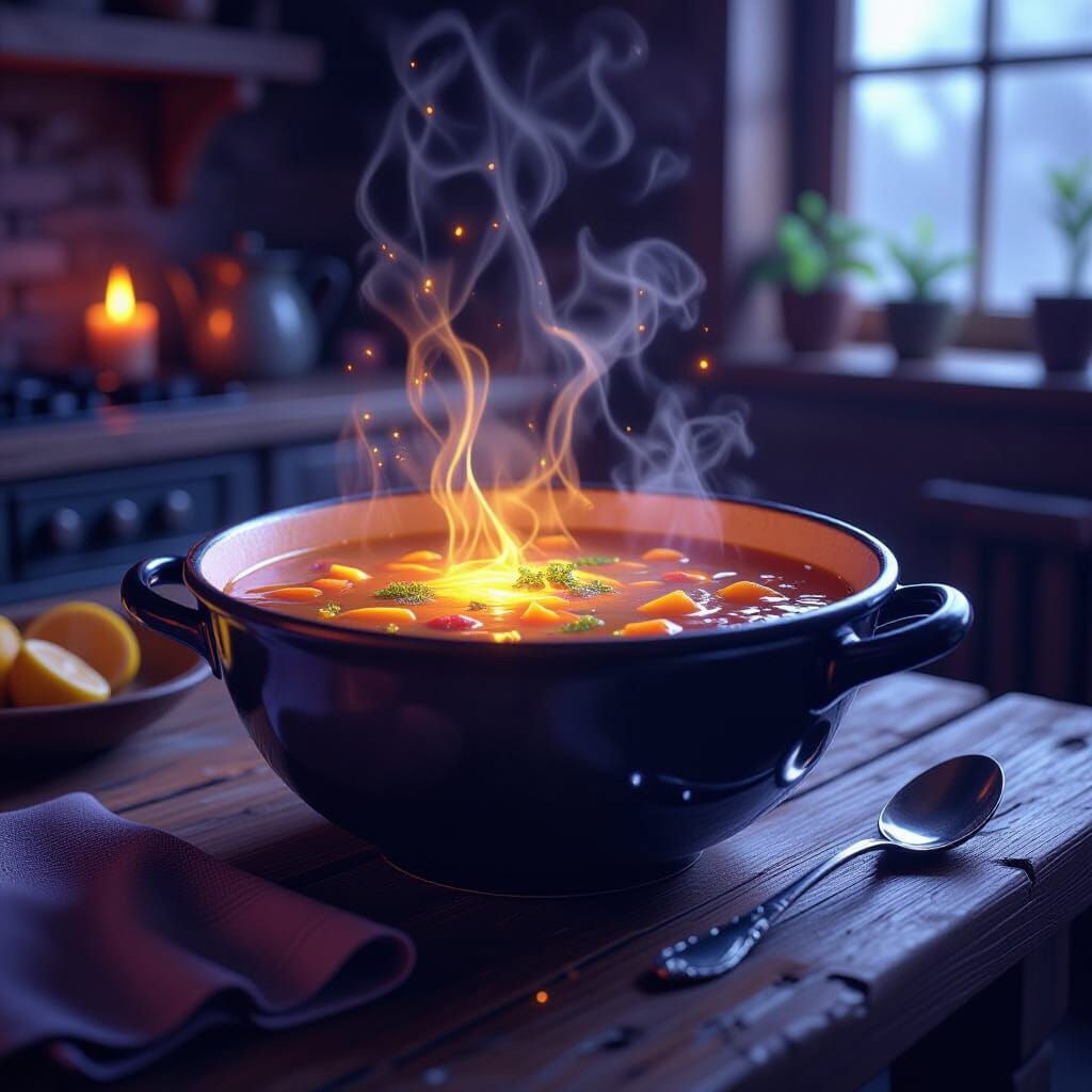 Magical Glowing Vegetable Soup on Rustic Table