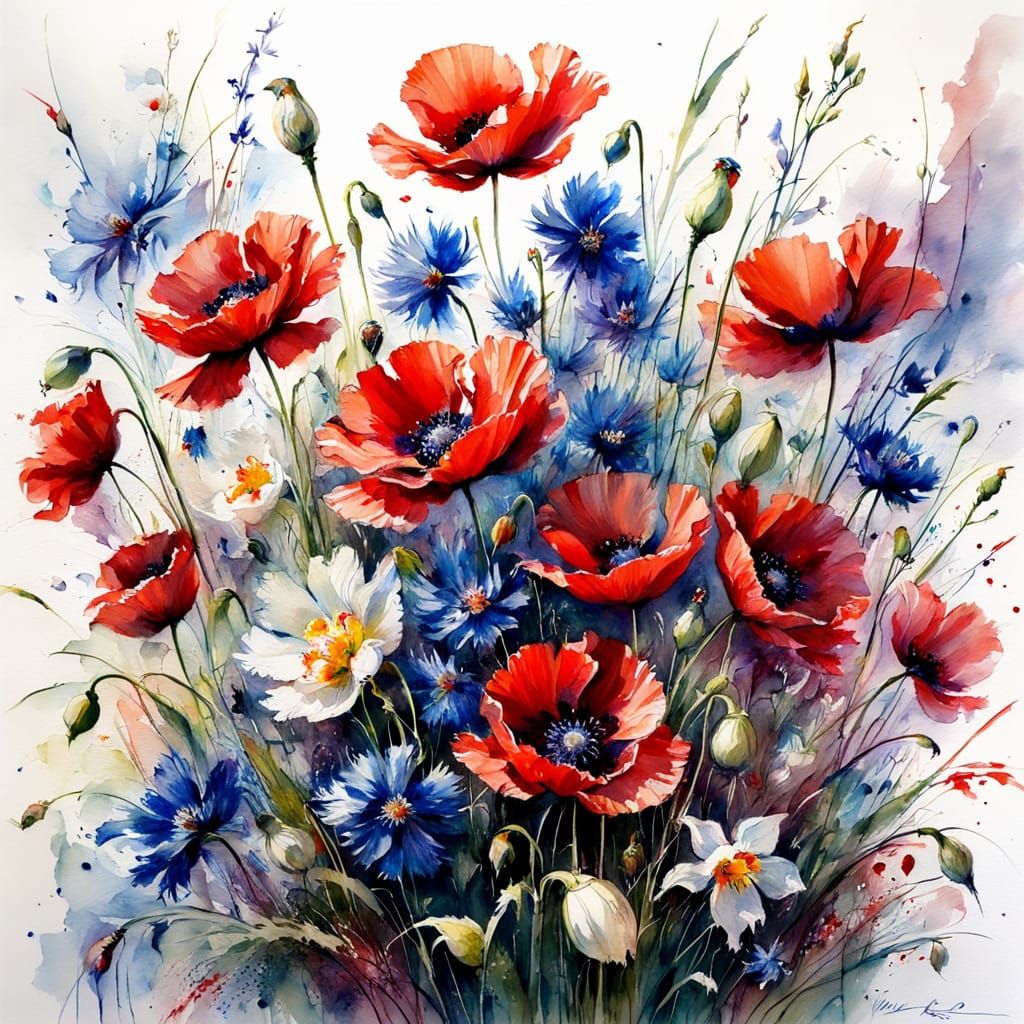 Vibrant Spring Bouquet of Poppies, Daffodils, and Cornflower...