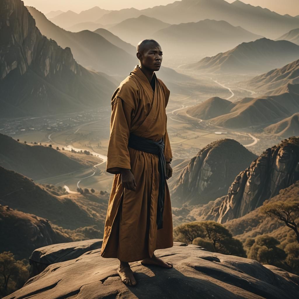 African Shaolin Monk on Mountain Edge at Golden Hour