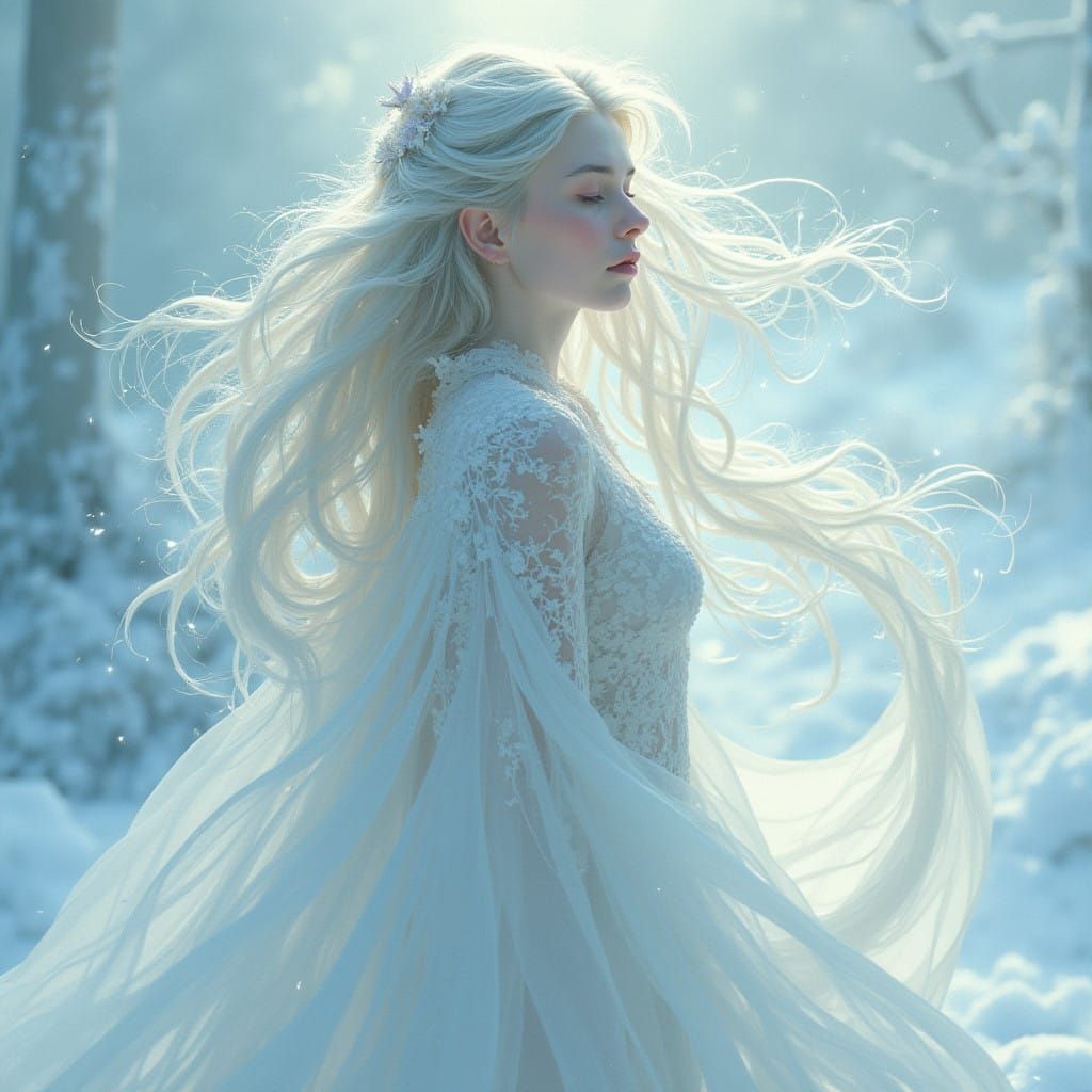 Ethereal Maiden in Frosty Gown with Icy Filigree