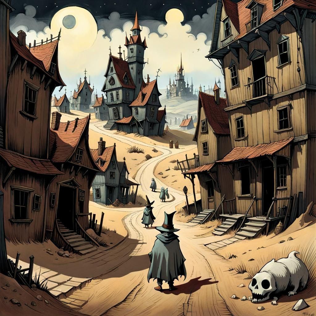 Spooky Ghost Town Landscape in Dark Fantasy Style