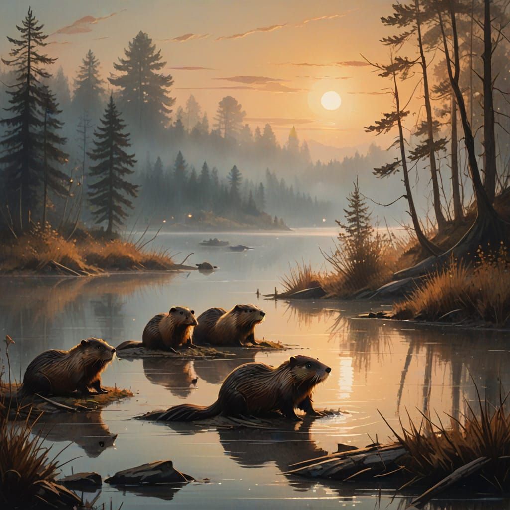 Beavers at Moonlit Lake in Romanticist Style