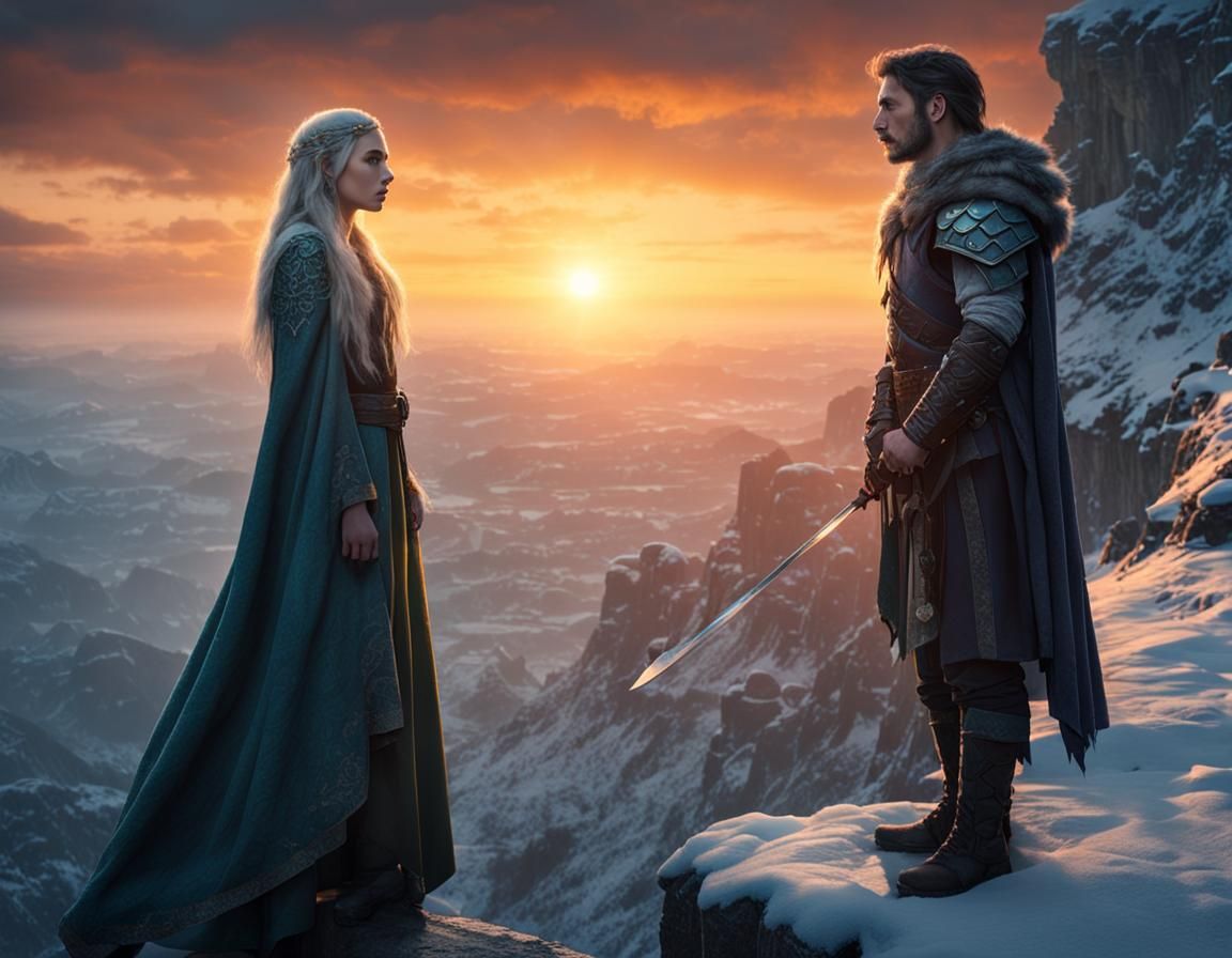 Heroic Warrior and Elf Maiden at Sunset