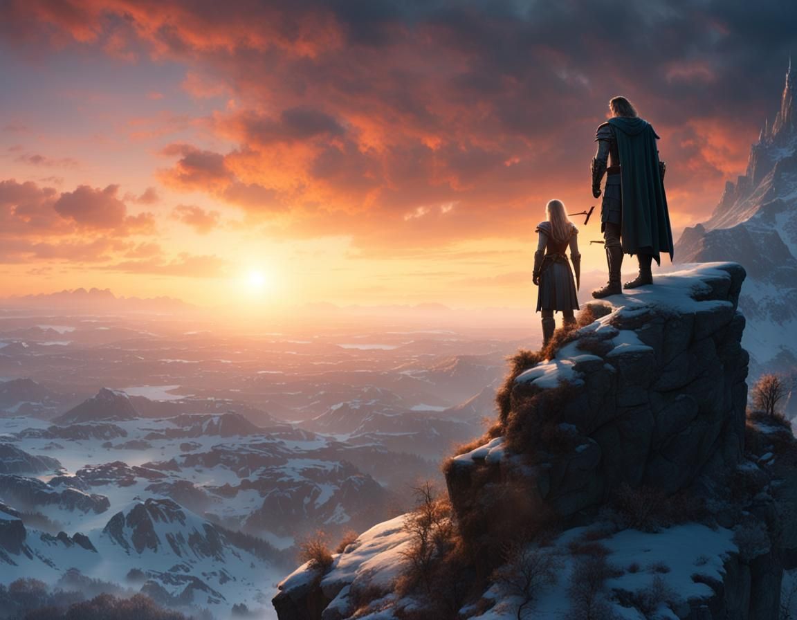 Heroic Warrior and Elf Maiden at Sunset