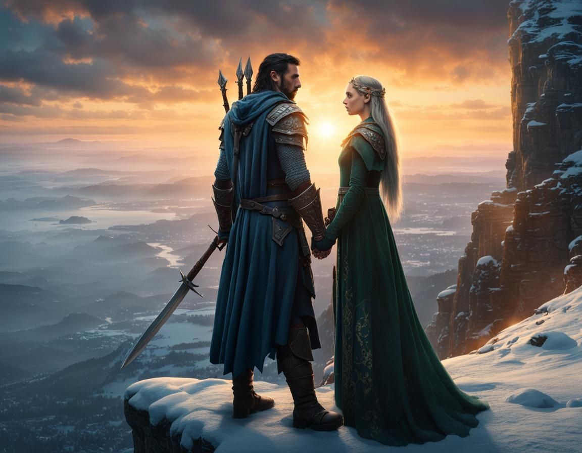 Heroic Warrior and Elf Maiden at Sunset