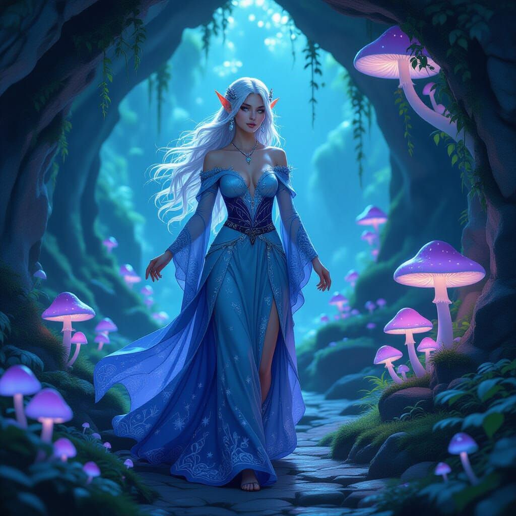 Androgynous Elf in Bioluminescent Grotto, Art Nouveau