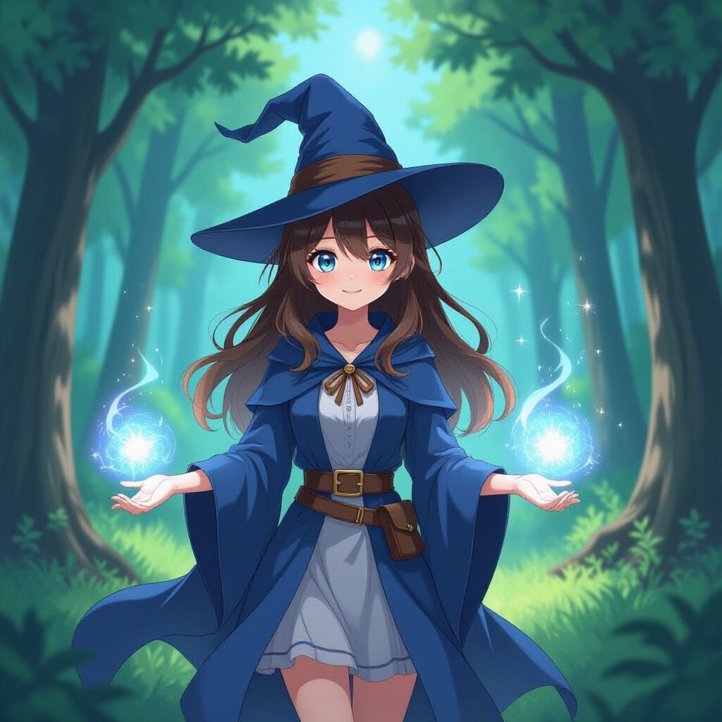 Young Witch in Magical Forest Clearing - Anime Art Style