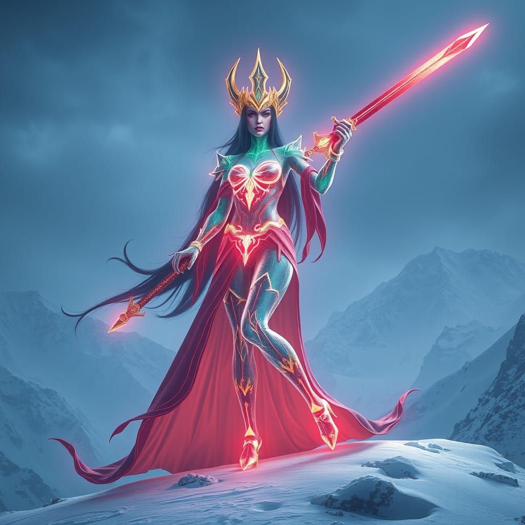 Glowing Glass Fantasy Queen on Snowy Mountain
