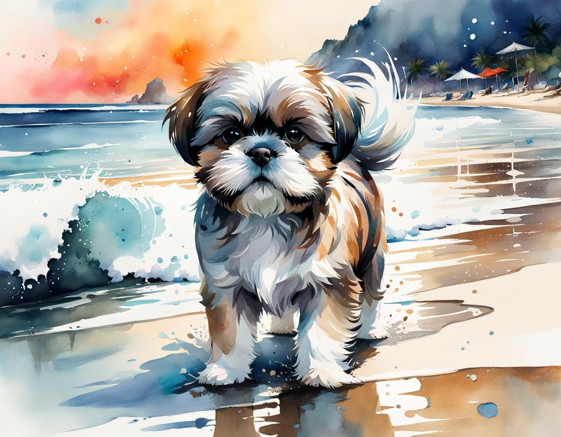 Beach Shih Tzu in Watercolor Manga Style