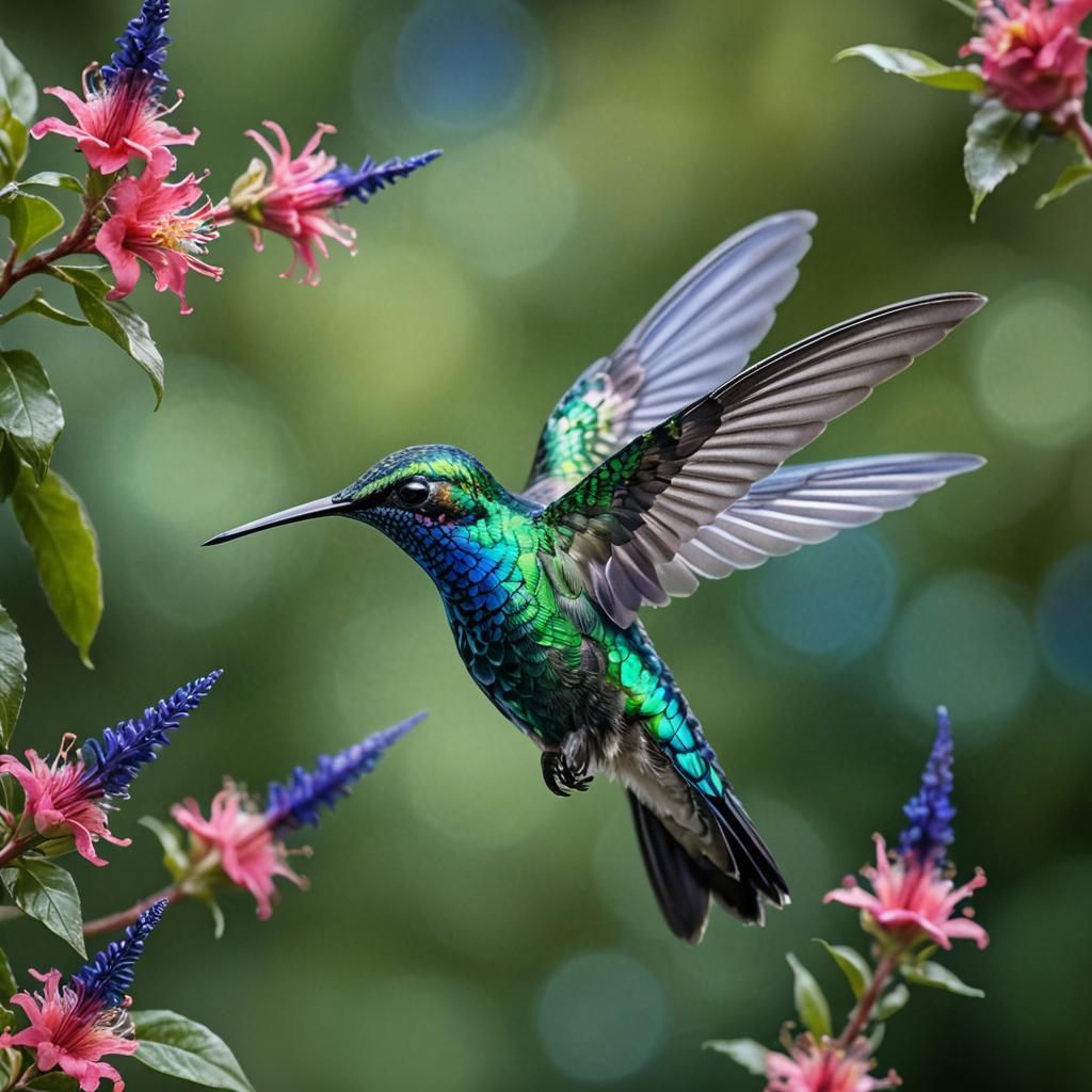Hummingbird in Flight: Iridescent Plumage Macro Image