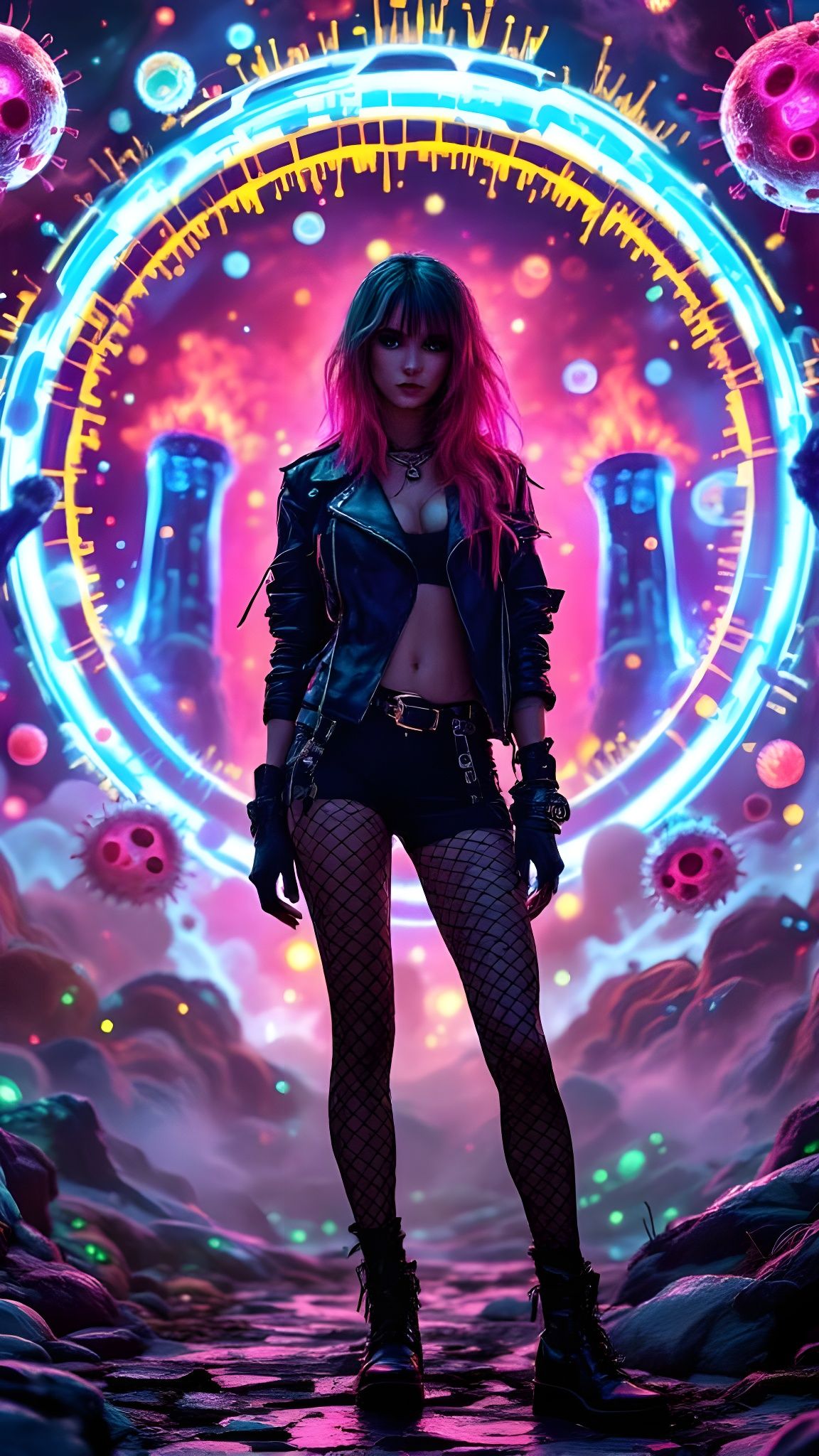 Punk Woman Guards Bacterial Portal to Swirling Realm