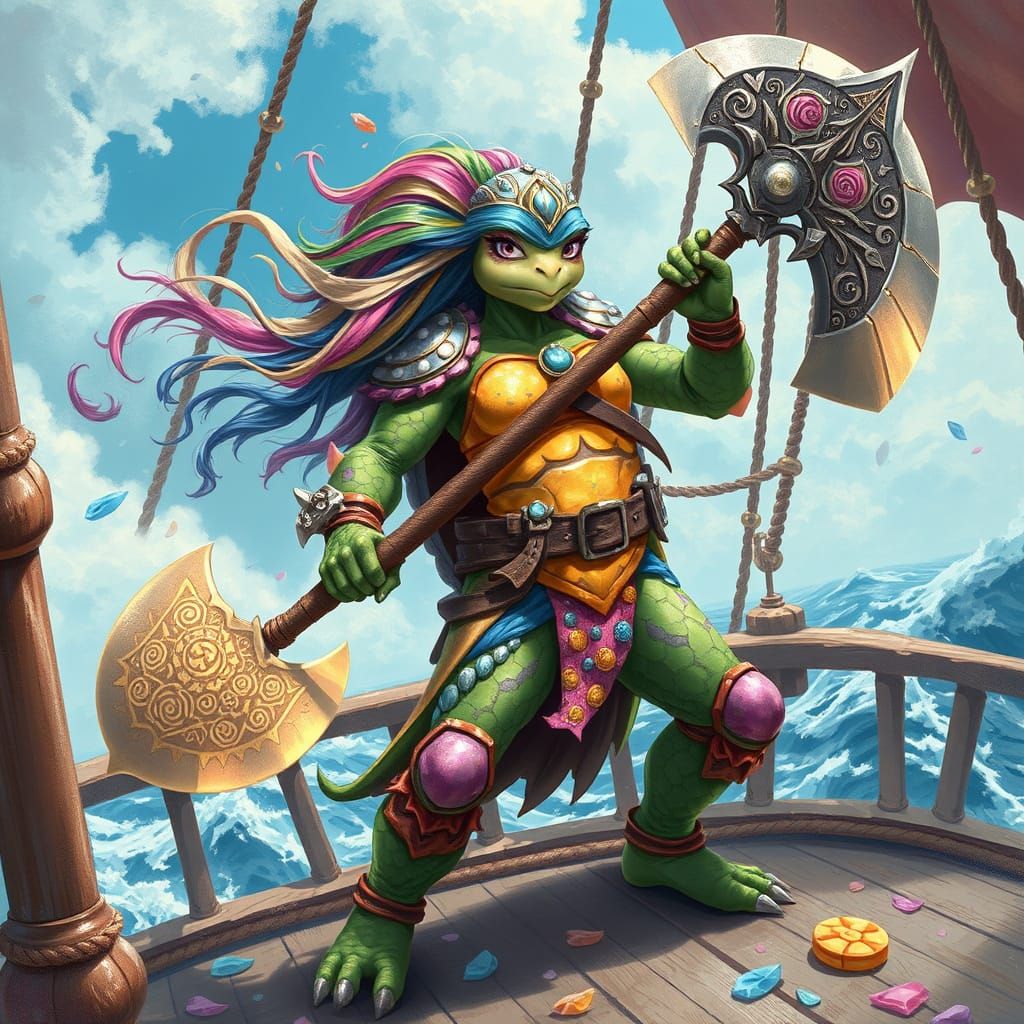 Female Tortle Barbarian on a Fantastical Ship