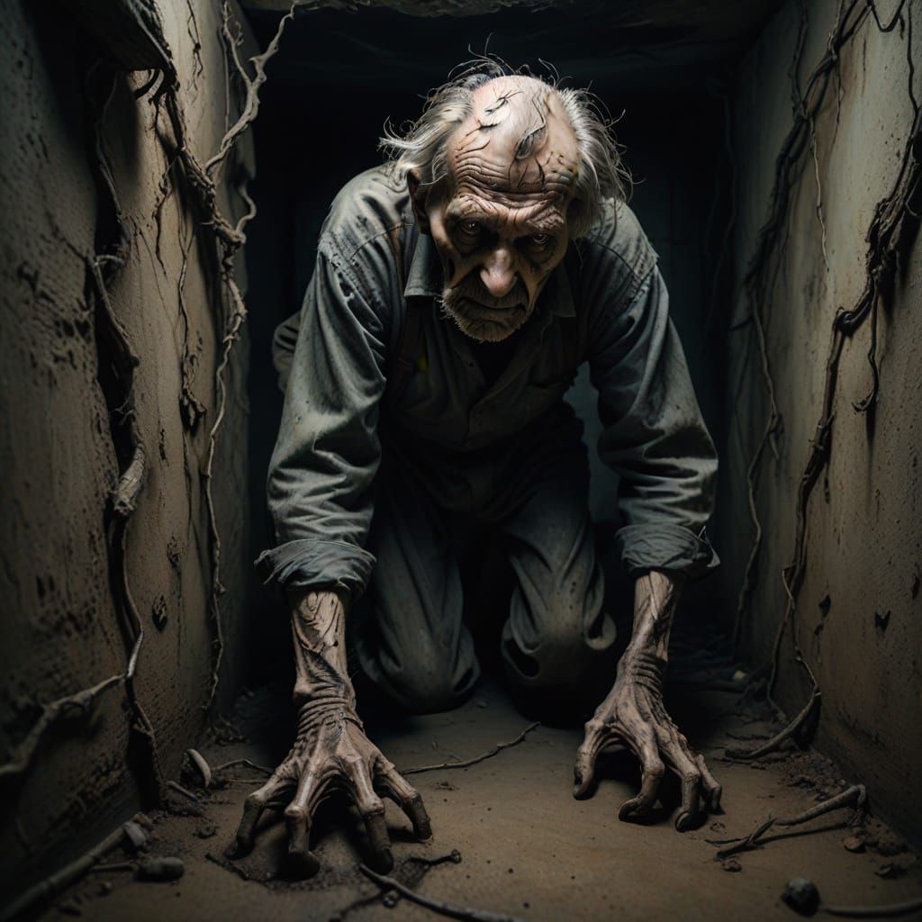 Eerie Old Man Crawls from Basement Hole: Dark Surrealism