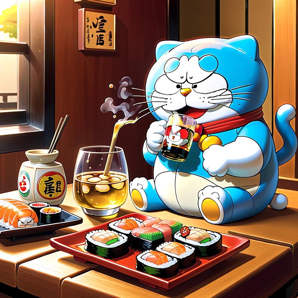 Garfield and Doraemon at Sushi Restaurant, Ghibli Style