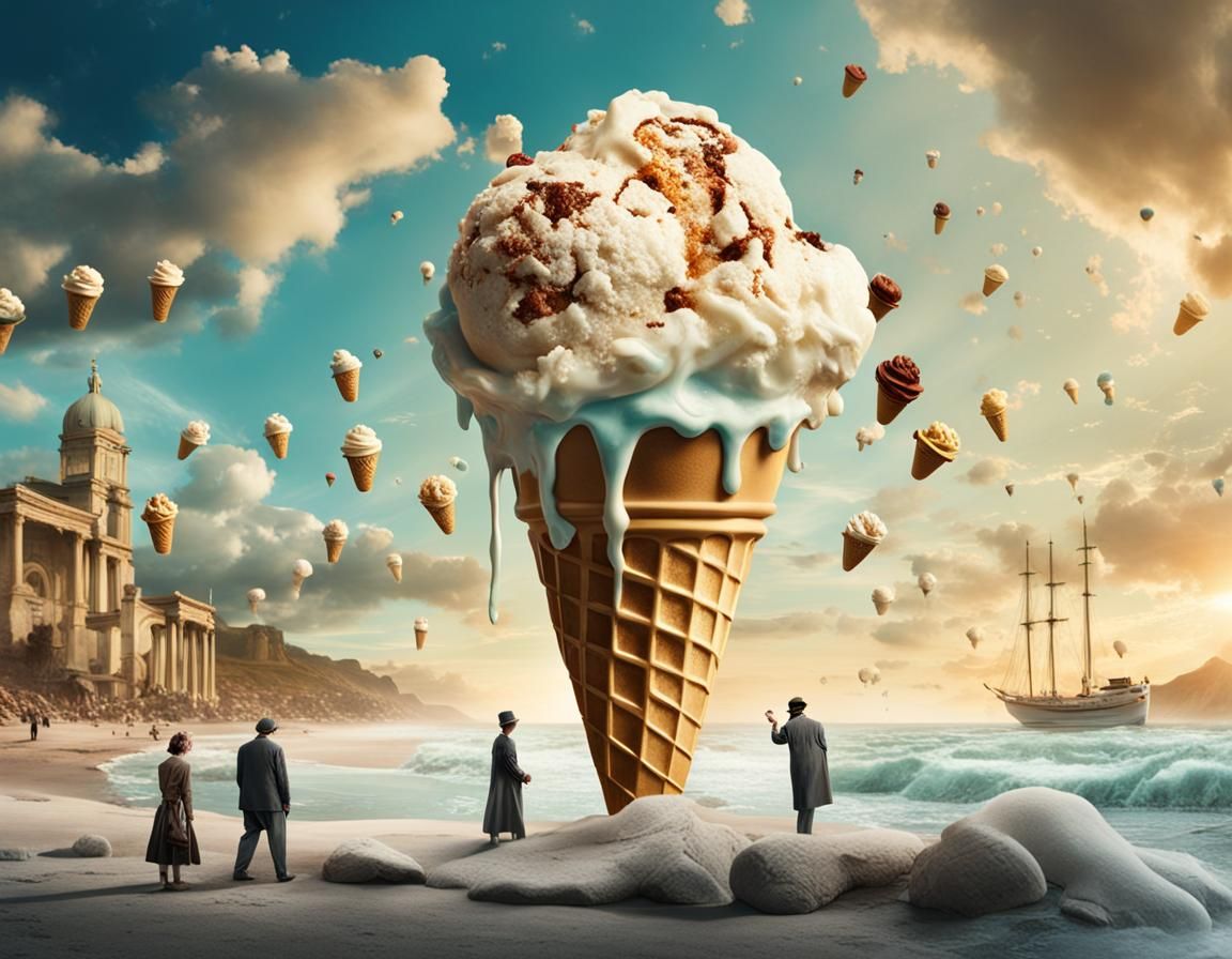 Surreal Beach Scene with Melting Ice Cream