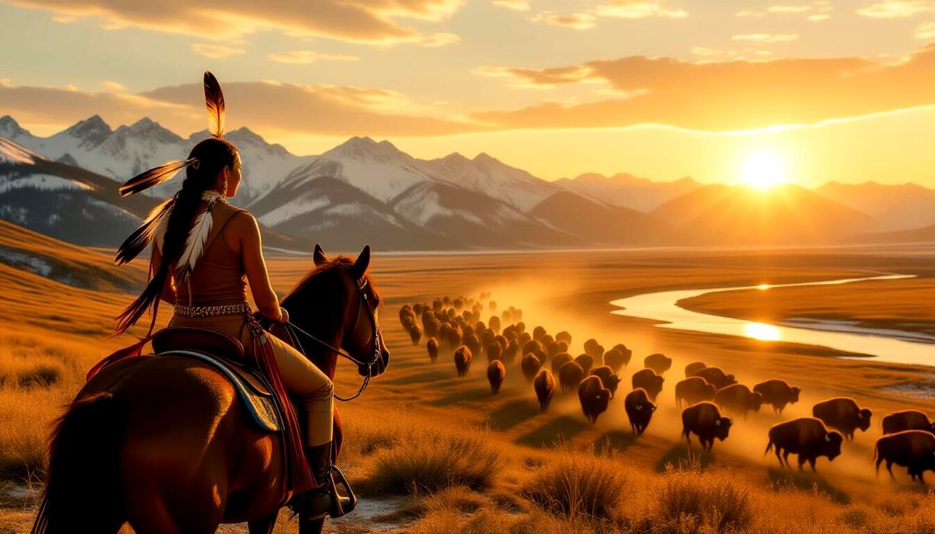 Native American Woman Watches Buffalo Herd at Sunset