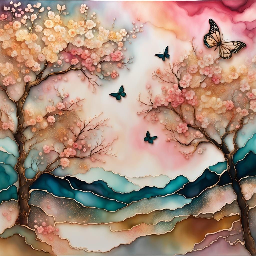 Dancing Butterflies in Cherry Blossom Landscape