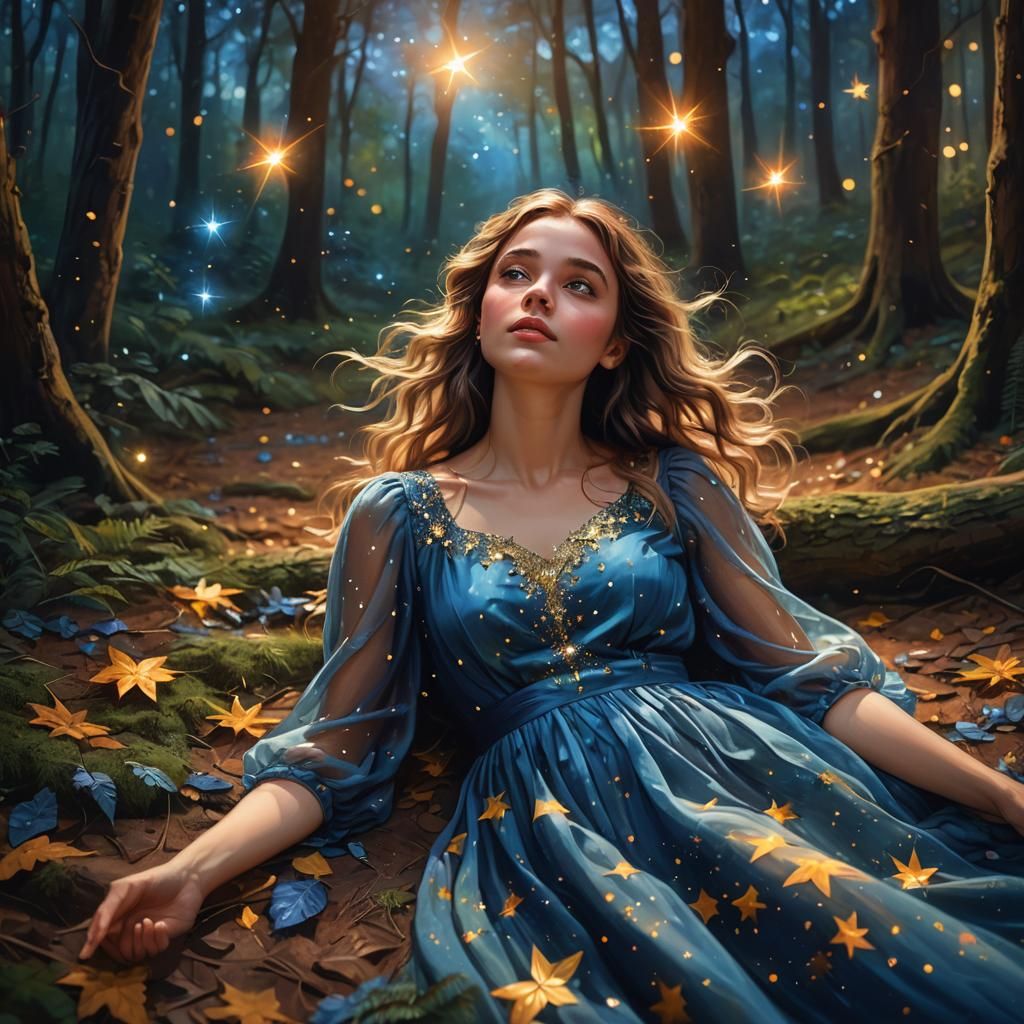 Ethereal Girl Gazing at Starry Sky
