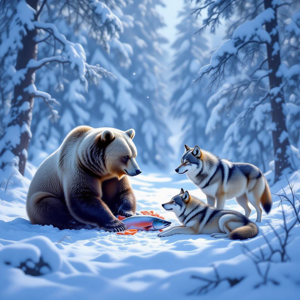 Bear and Wolves Feast in Winter Wonderland