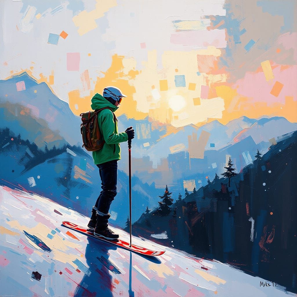 Skier in Holographic Display: Abstract Expressionist Style