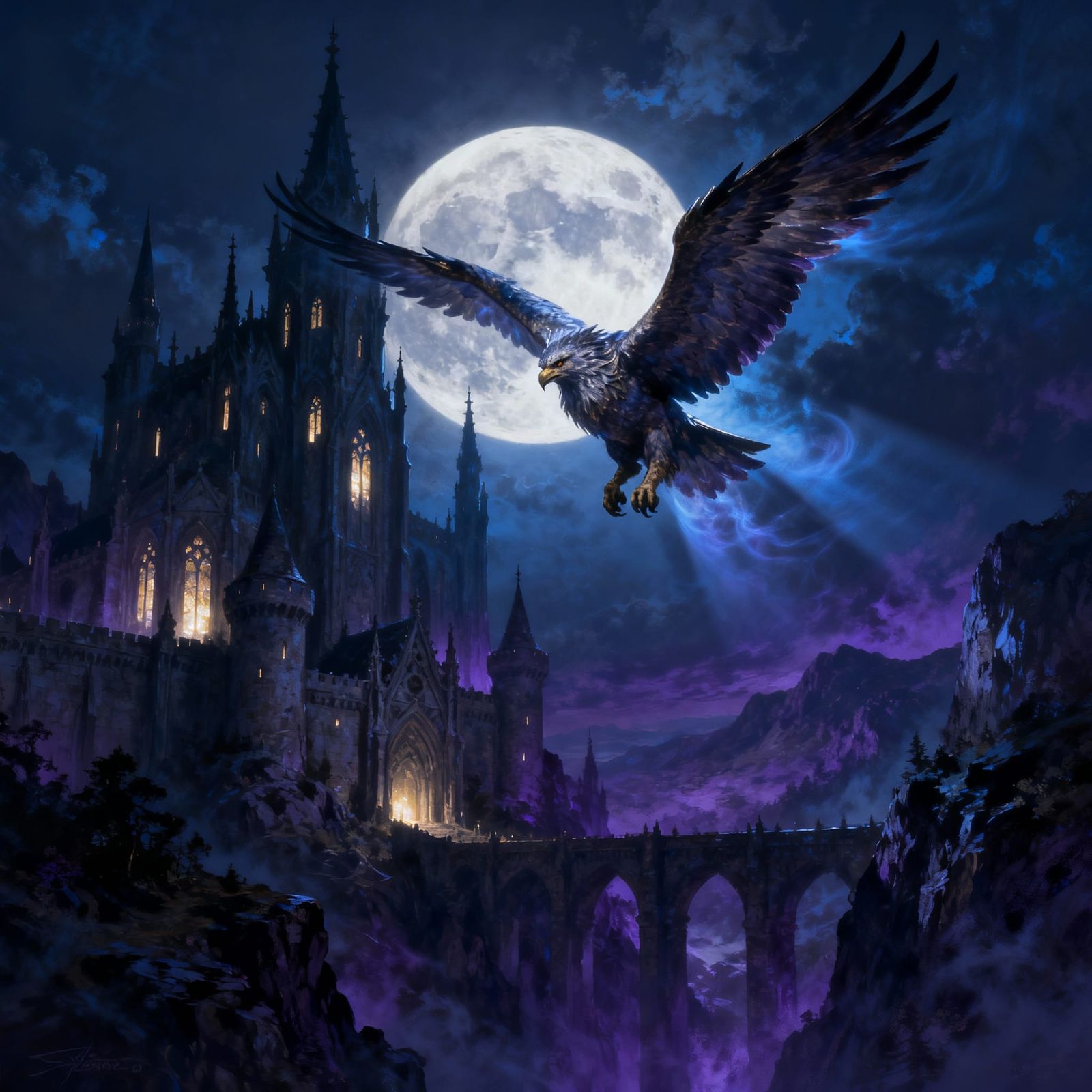 Majestic Griffin Soars Over Gothic Castle Under Full Moon