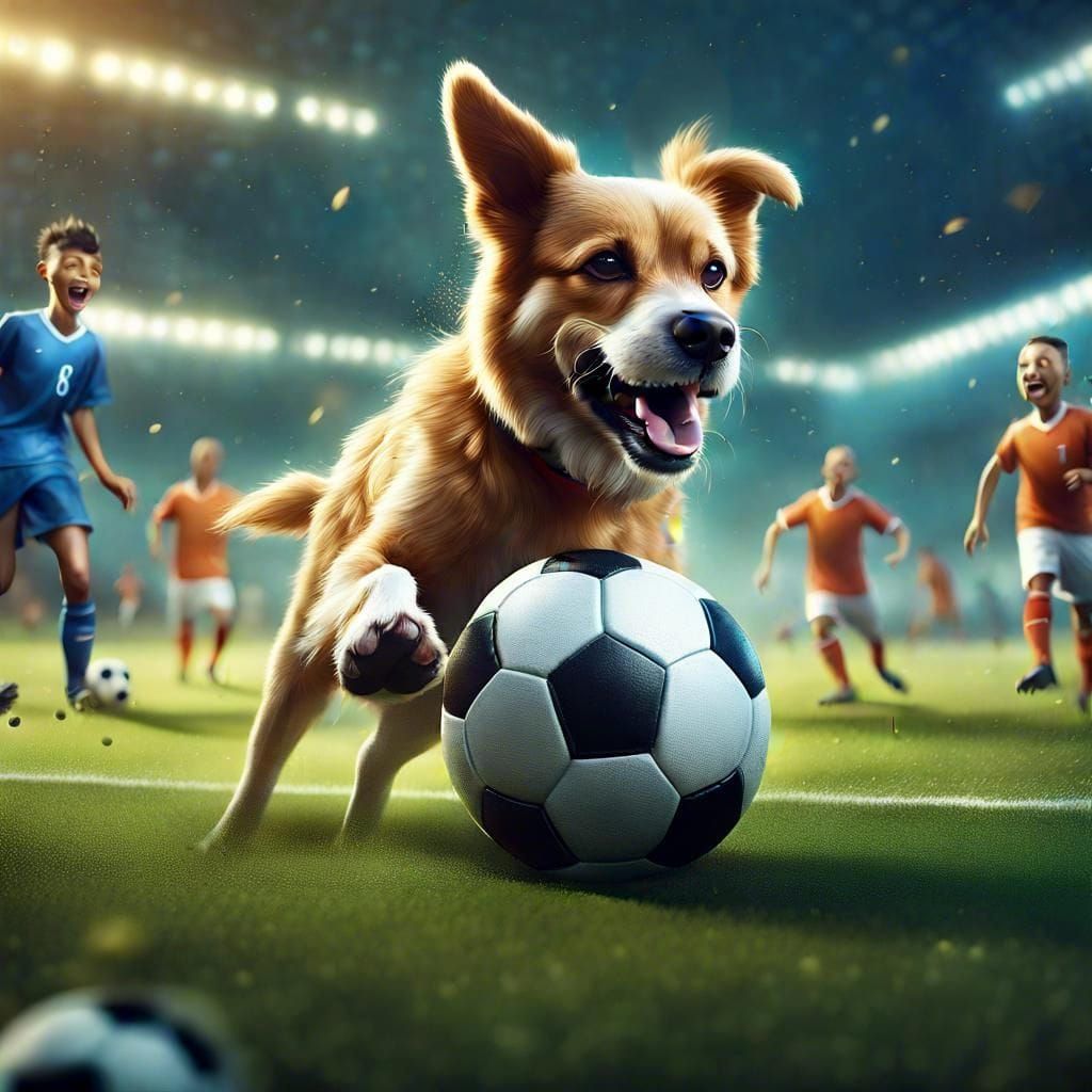 Anthropomorphic Dogs Playing Soccer on Detailed Field