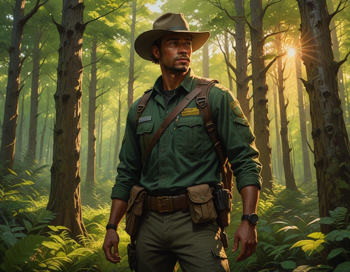 Forest Ranger in Vibrant Oil Painting Style