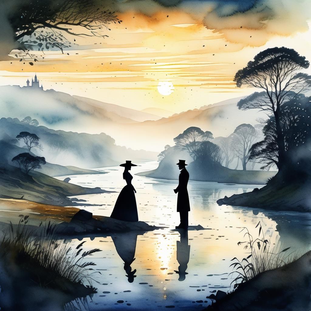 Lush Landscape Kiss at Sunrise in Watercolor Style