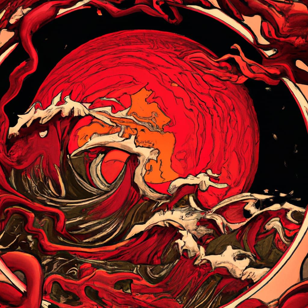 Psychedelic Blood Moon over Crimson Sea