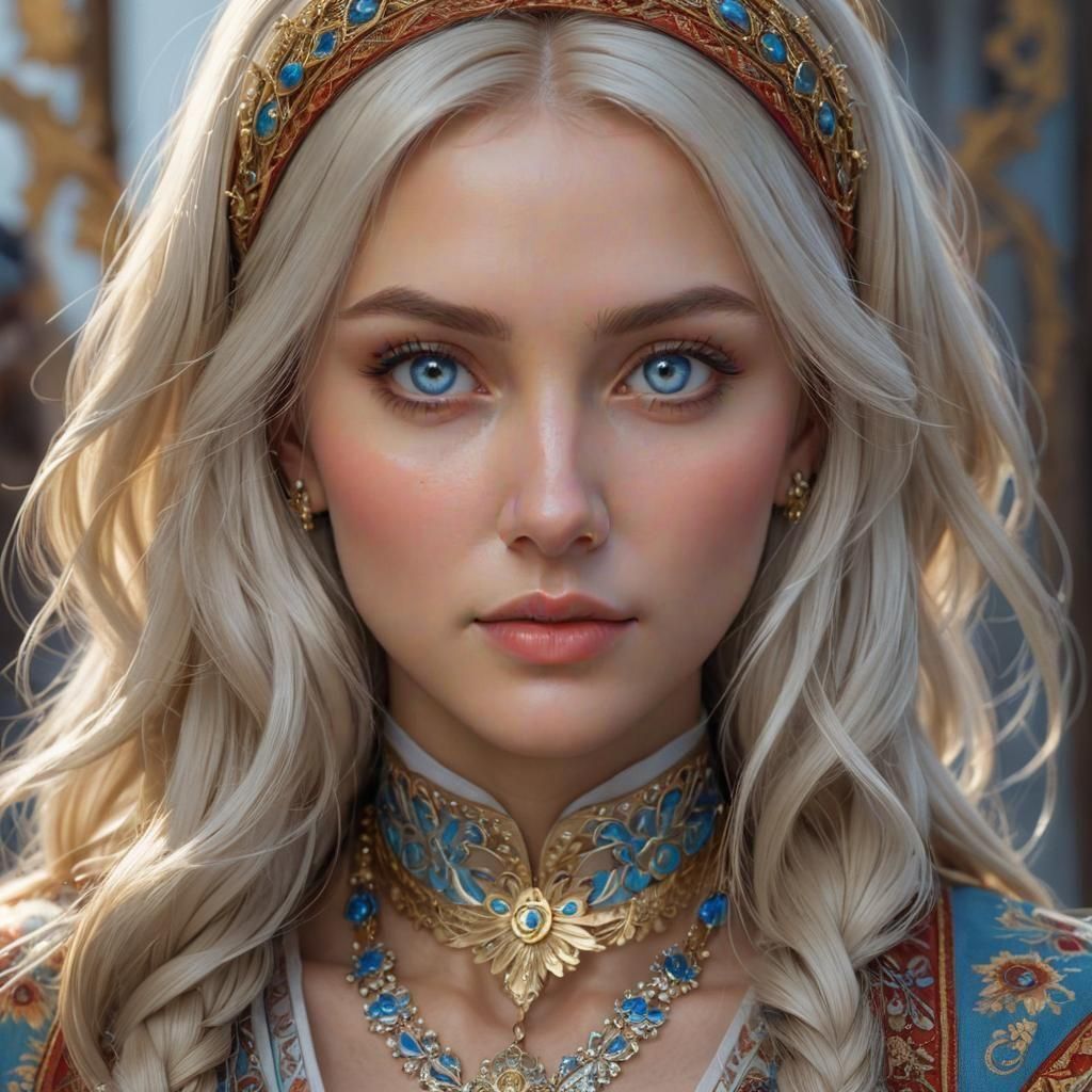 Slavic Veela Portrait in Hyperdetailed Art Nouveau Style