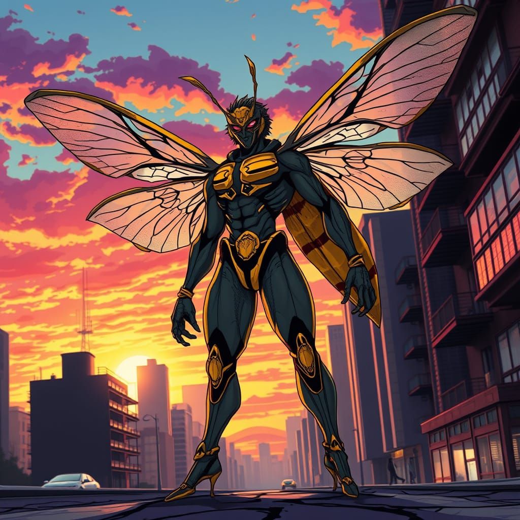 Majestic Bee-Human Hybrid in Anime-Inspired Cityscape