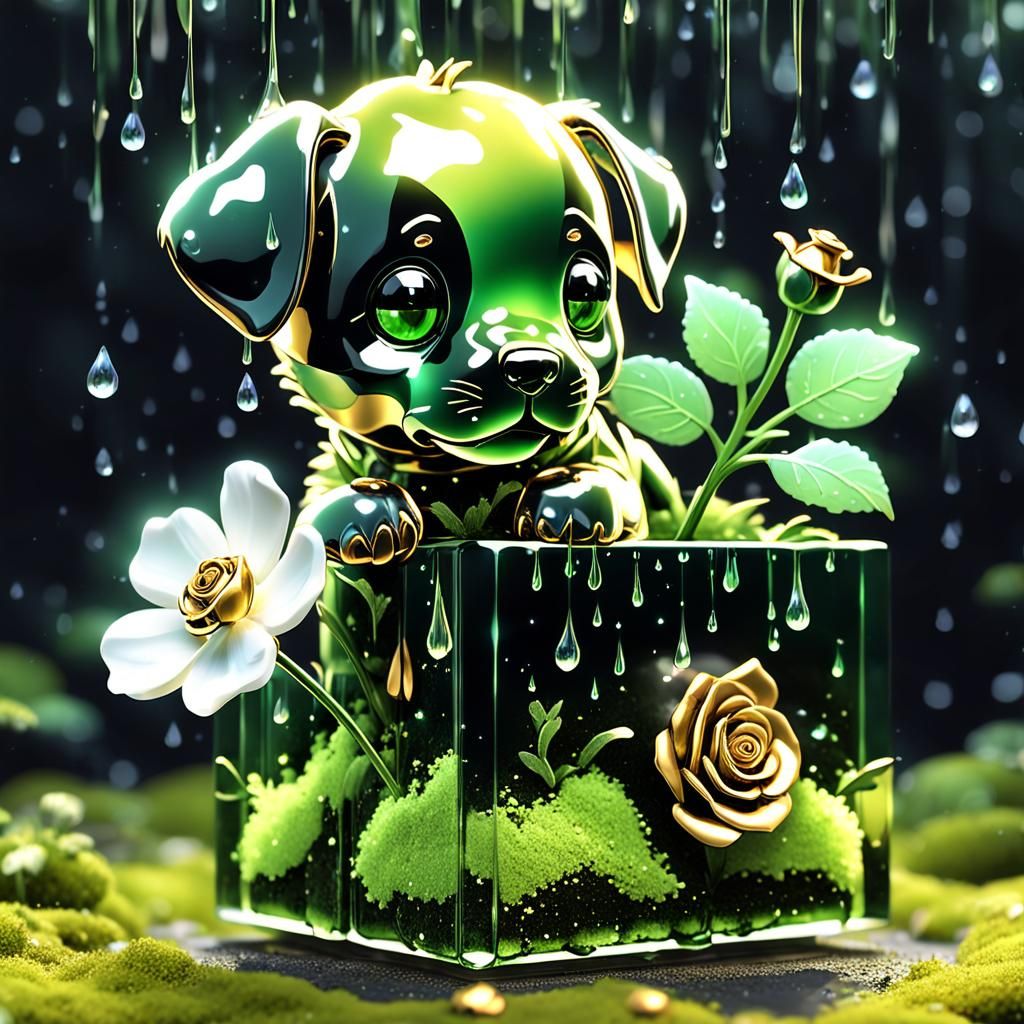 Opalescent Glass Puppy with Glowing Rose, Underwater