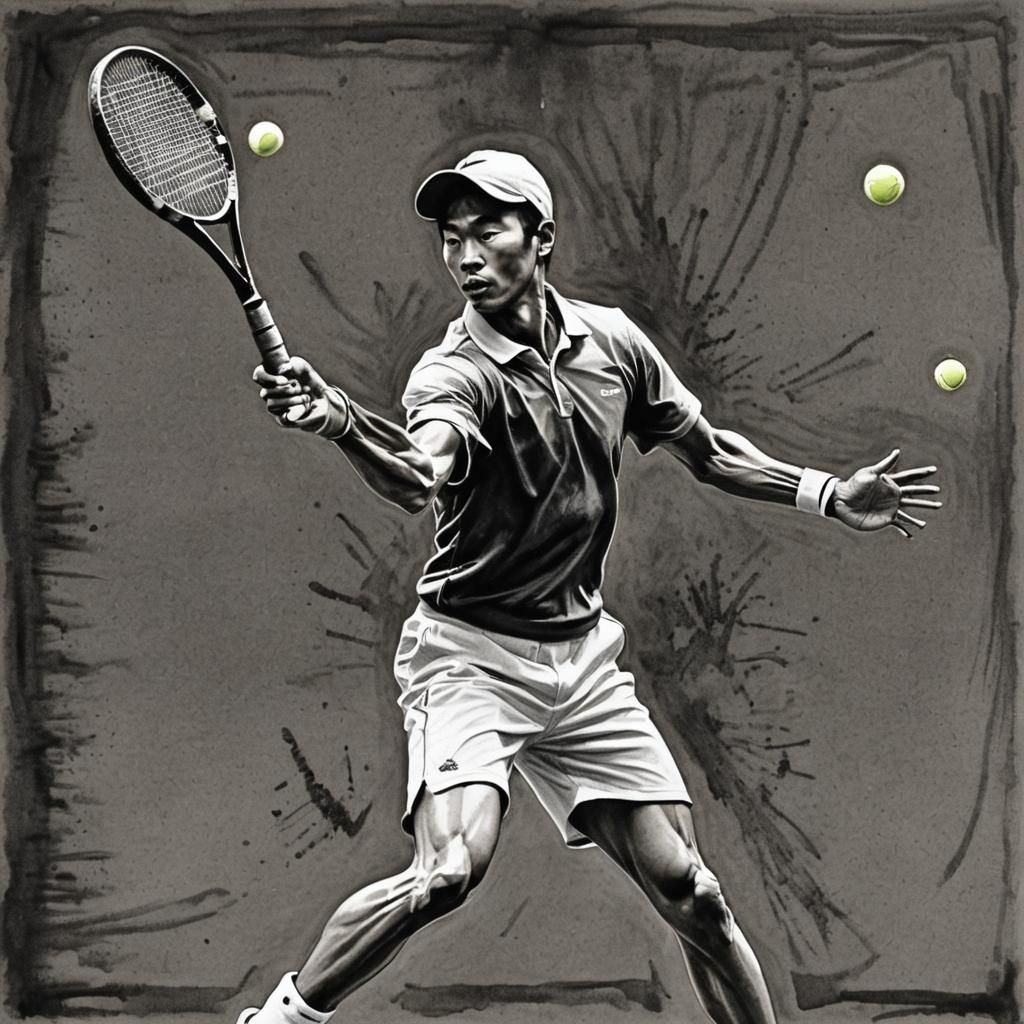 Tennis Player in Japanese Ink and Charcoal Style