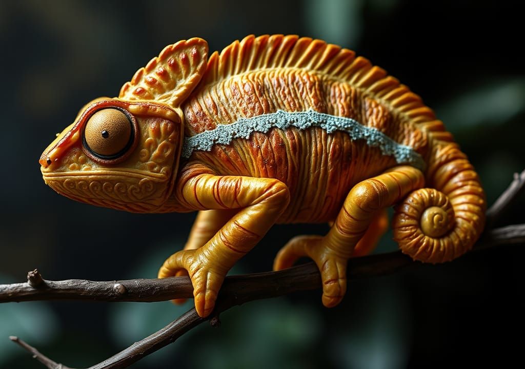 Croissant Chameleon Food Art in Hyper-Realism
