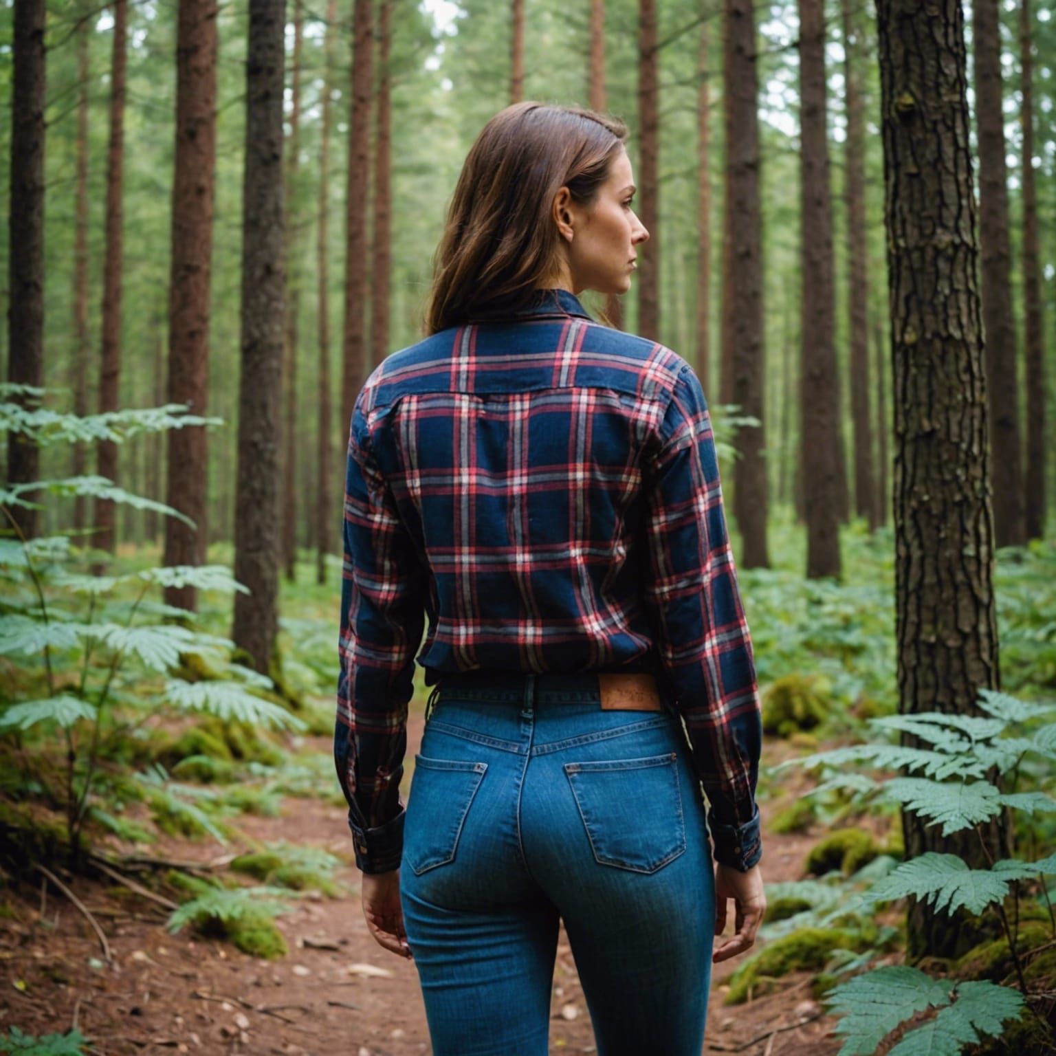 Woman in Plaid Shirt in Forest
