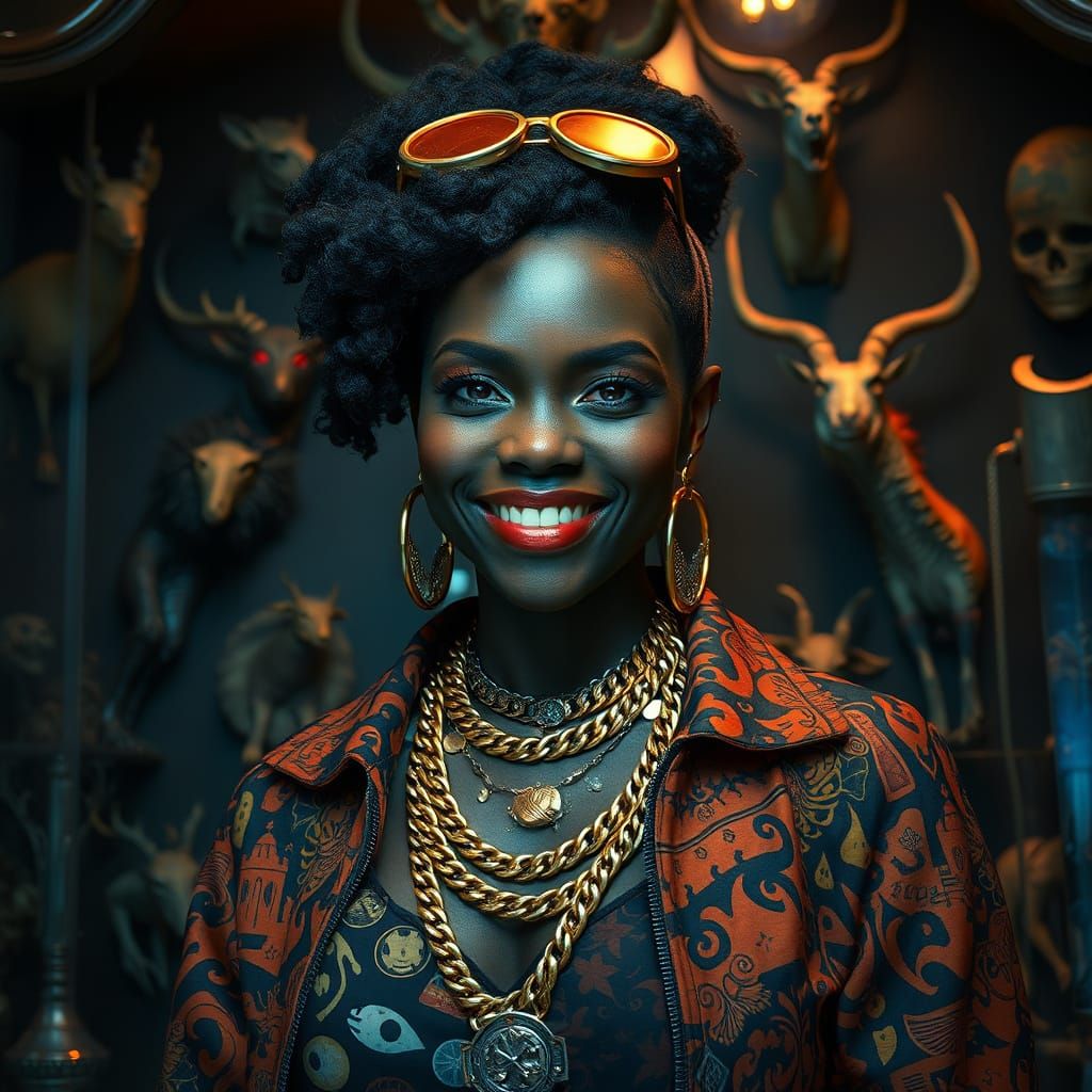 Dark Skinned Woman in Modern Streetwear, Dark Fantasy Style