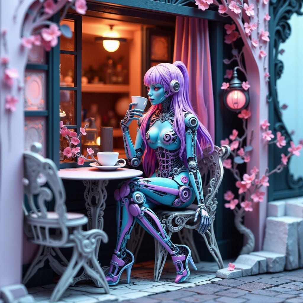 Biomechanical Woman at Cafe in Shadowbox Cutscape Style