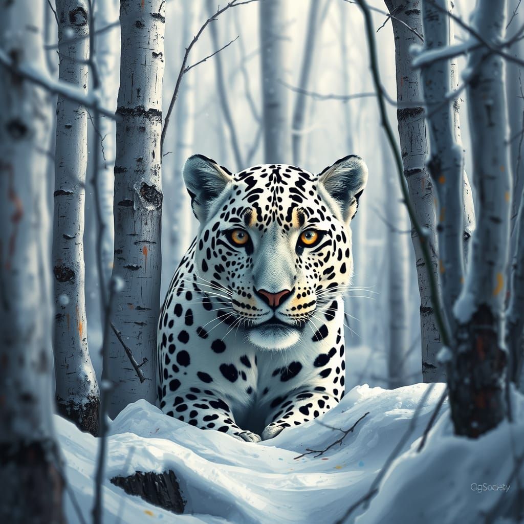 Albino Leopard in Snowy Forest, Graffiti Art