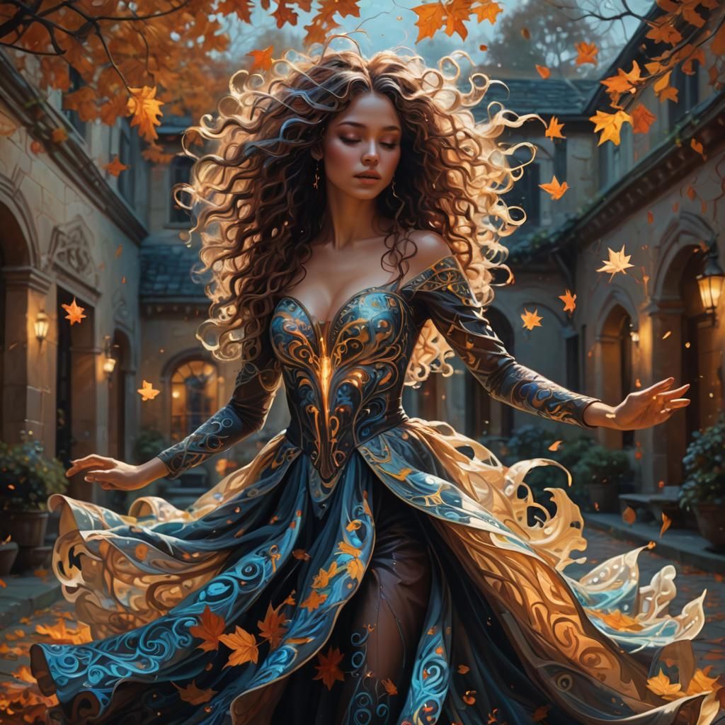 a bioluminescent swirling fantasy dancer in an autumn courtyard, swirling ornate bioluminescent dress, long swirling cur...