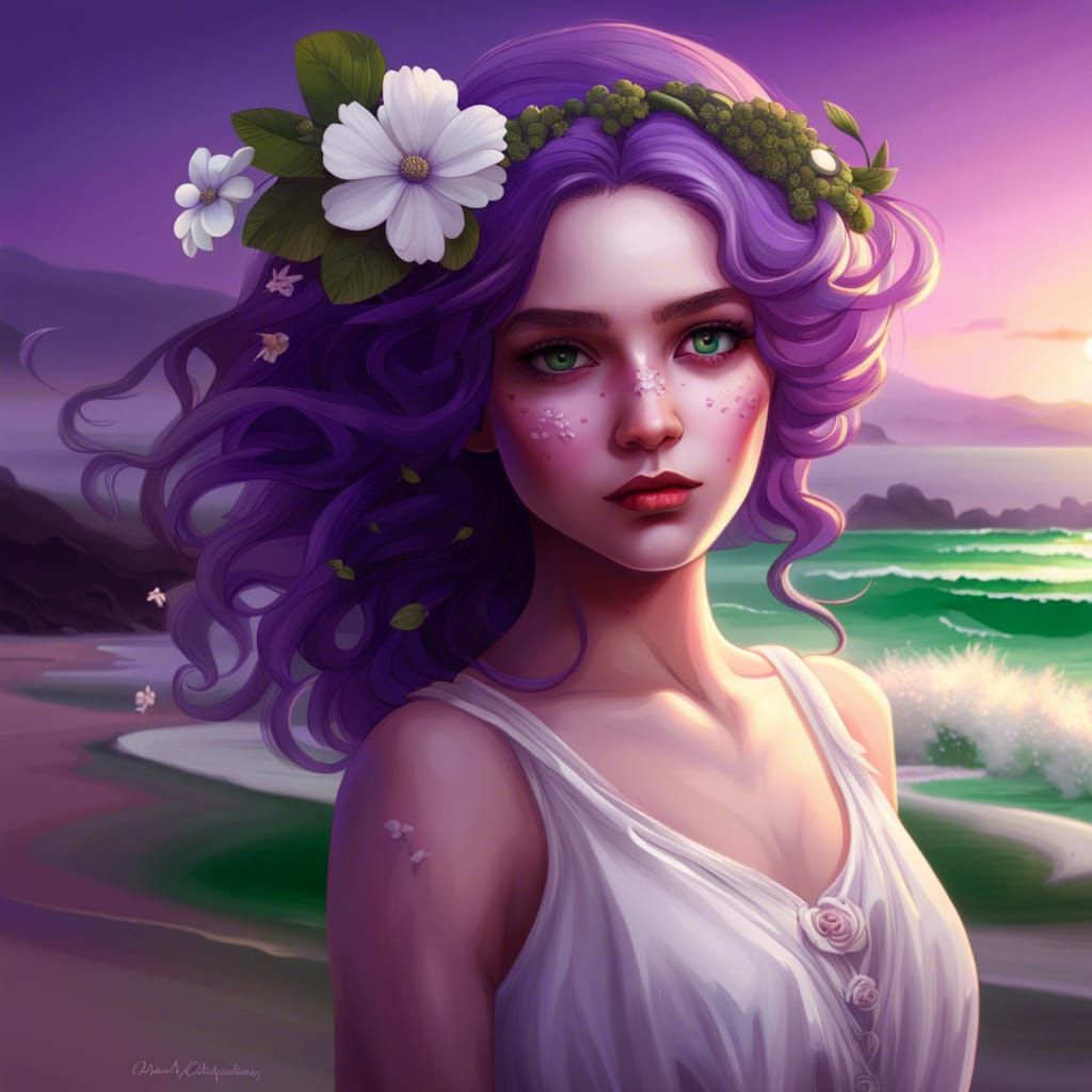 Girl with Purple Hair on Beach at Sunset