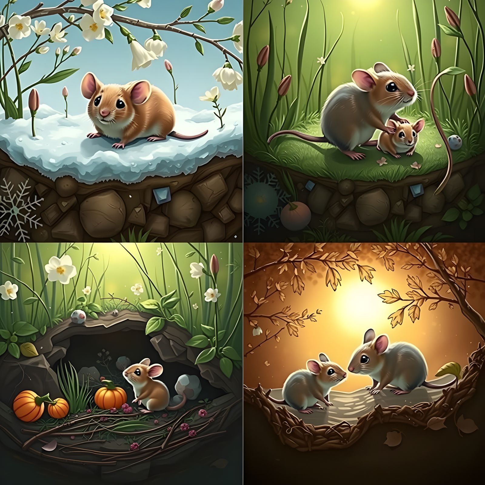 Mice in Vibrant Seasons: A Photorealistic Cross-Section
