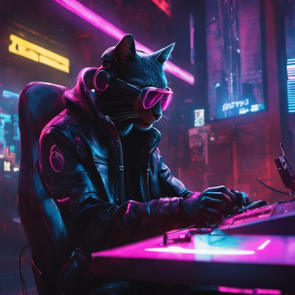 Cyberpunk Cat Gamer in Neon Cityscape