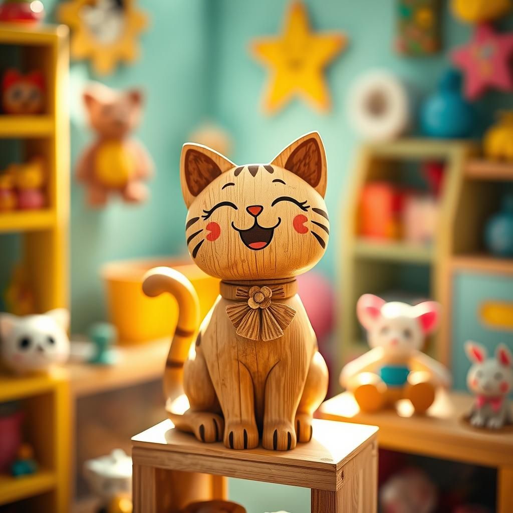 Playful Wooden Cat Sculpture in Child's Room