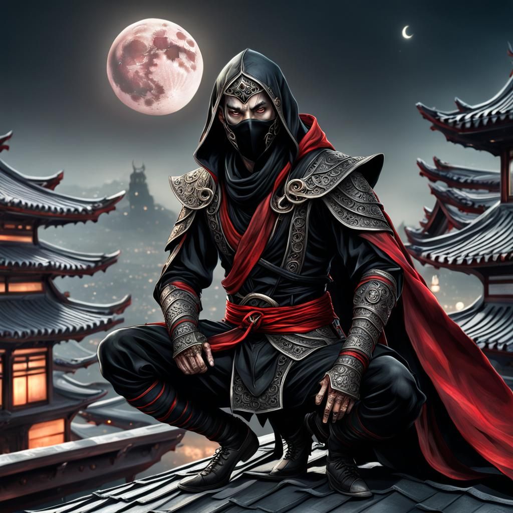 Fantasy Elf Ninja on Rooftop in Hyperrealistic Style