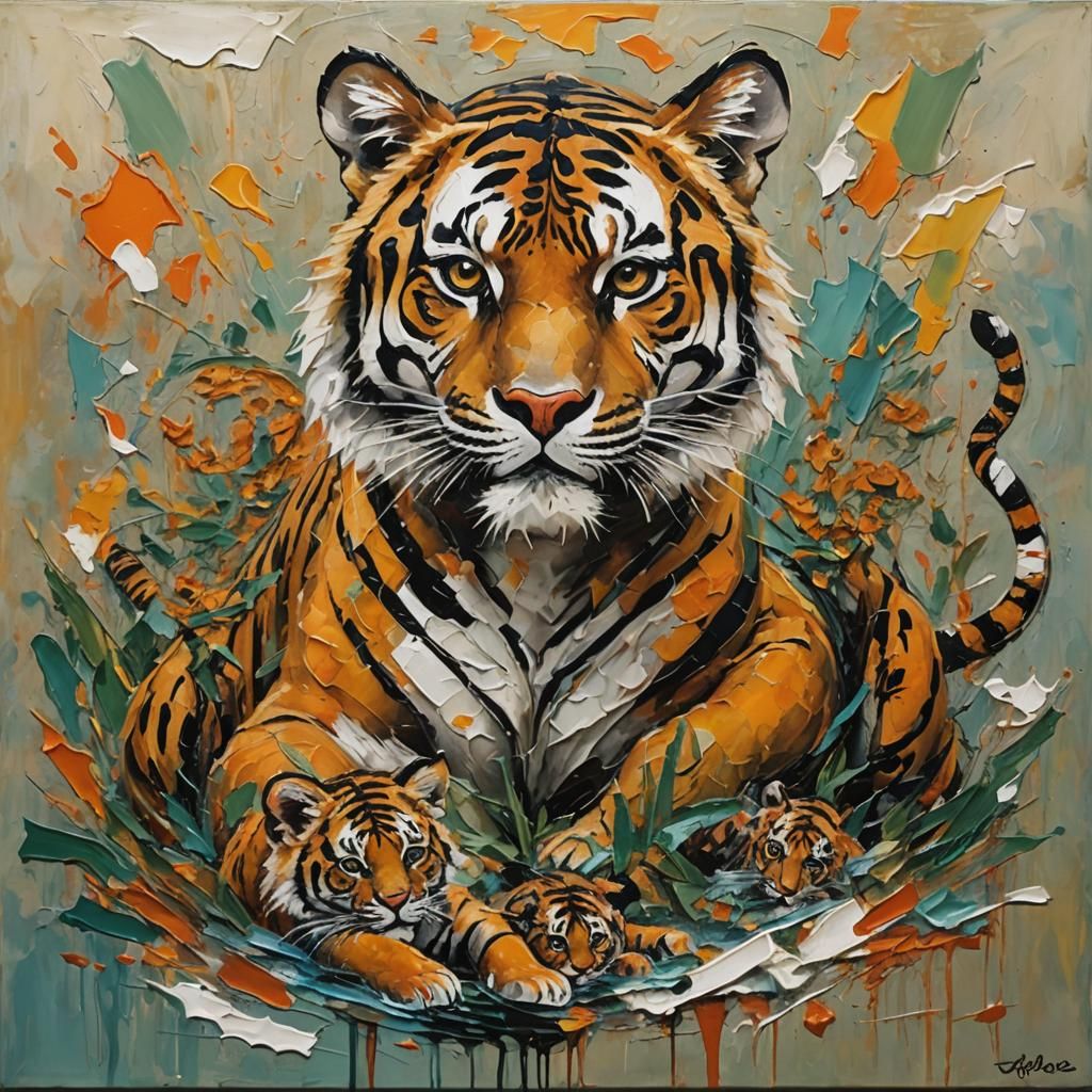 Tigress and Cubs in Abstract Expressionist Impasto