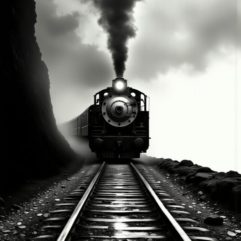 Steam Train Emerges from Darkness in Futuristic Style