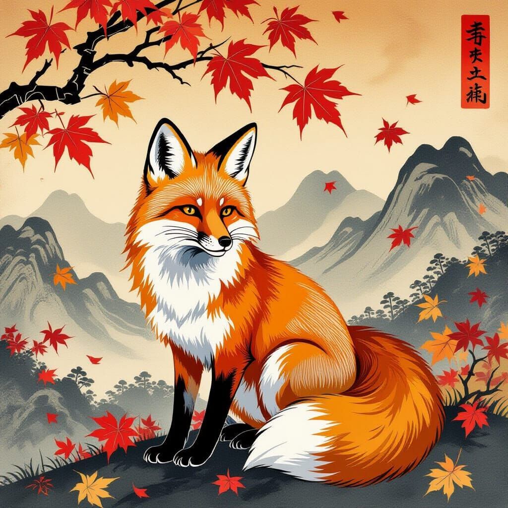 Autumn Fox Elegance: Japanese Woodblock Print